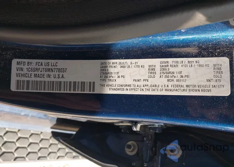 2021 Ram 1500 Laramie 4X4 5'7 Box из США, поврежденный, VIN 1C6SRFJT6MN778037